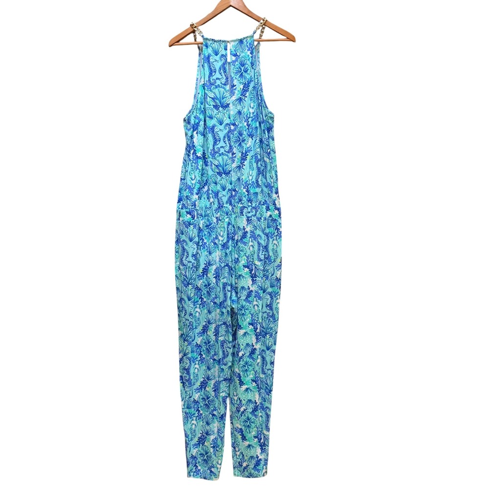 Lilly Pulitzer Jumpsuit Womens XL Aqua Keeran Sea Glass Seahorse Preppy Resort - Picture 5 of 8